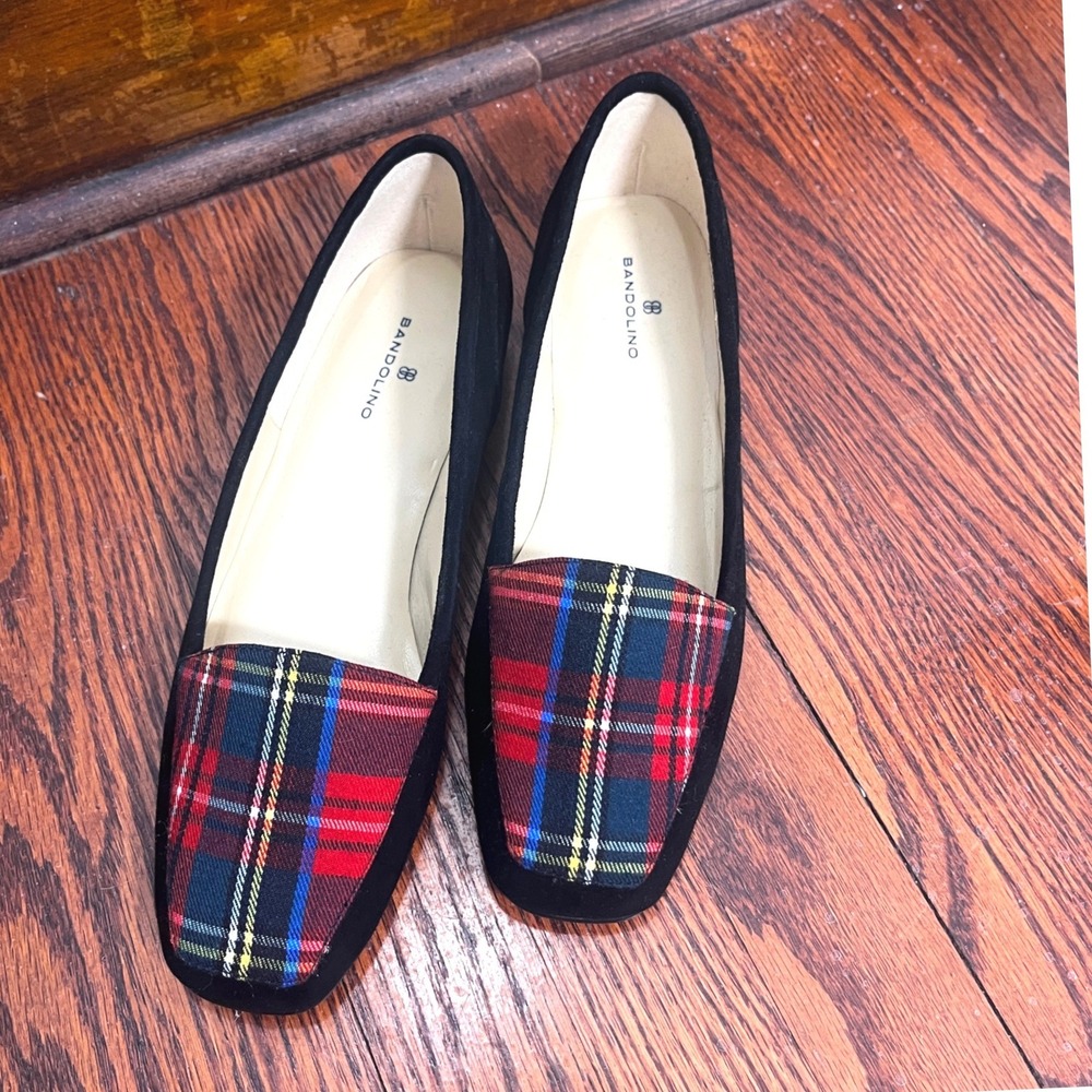 Bandolino BDLIBERTY Black Suede Red Plaid Tartan Square Toe Holiday Flats 7M